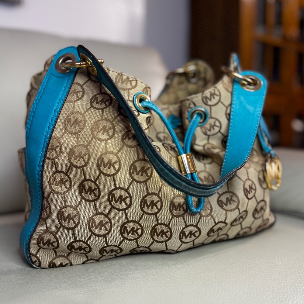 Michael Kors Monogram Drawstring Shoulder Bag – Turquoise Trim (Rare!)